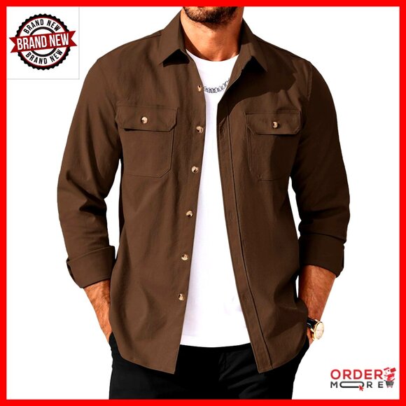 Men's Long Sleeve Button Up Shirt Jacket with Flap Pockets